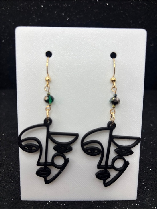 Handmade Jewelry - Abstract Face Drop Earrings - Black with Green Accent